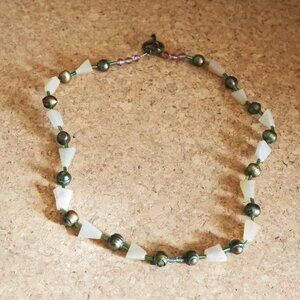 Handmade Beaded 19" Light Pink & Gray Necklace with Art Deco Flair